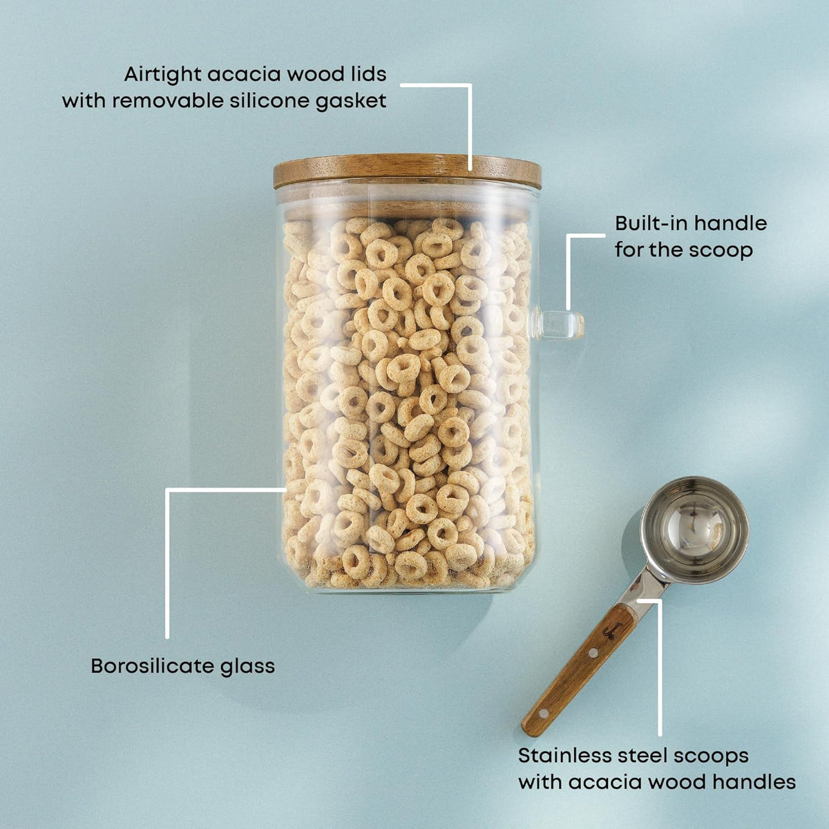 JoyJolt Holden 32oz Stackable Glass Storage Containers with Lids and Scoops, Airtight Food Canister Set of 3 w/Acacia Wood Lids, Round Stacking Pantry and Kitchen Containers w/Scoop | Clear