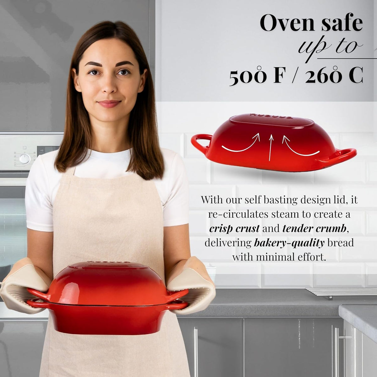 Dutch Oven For Sourdough Bread Baking – Enamelled Cast Iron Bread Loaf Pot – Oven Safe Non Stick Bread Pot – Rectangular, Red, 24cm x 16cm – by Nuovva