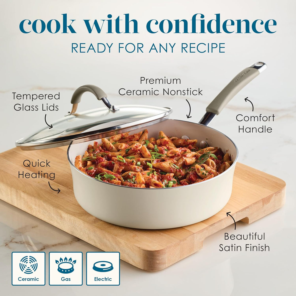 Rachael Ray Cucina Ceramic Nonstick Saute Pan with Lid, 3 Quart Non Stick Sauteuse Pan, Dishwasher Safe - Almond