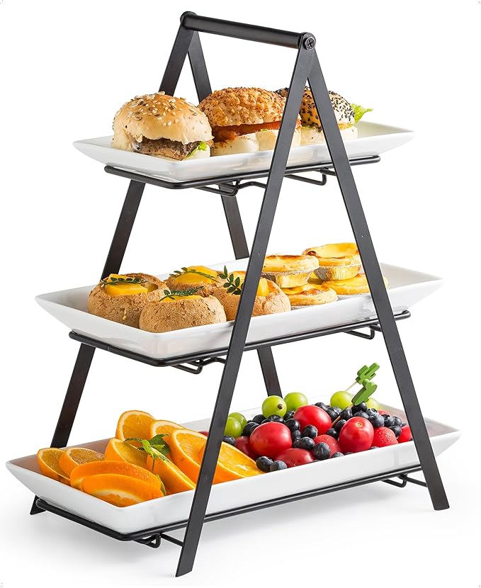 YHOSSEUN 3 Tier Serving Tray Tiered Tray Stand, Ceramic Serving Platters and Trays with Metal Rack, 10+12+14 Inch Large Serving Trays for Party 3 Tier Serving Stand Dessert Display Set, Black