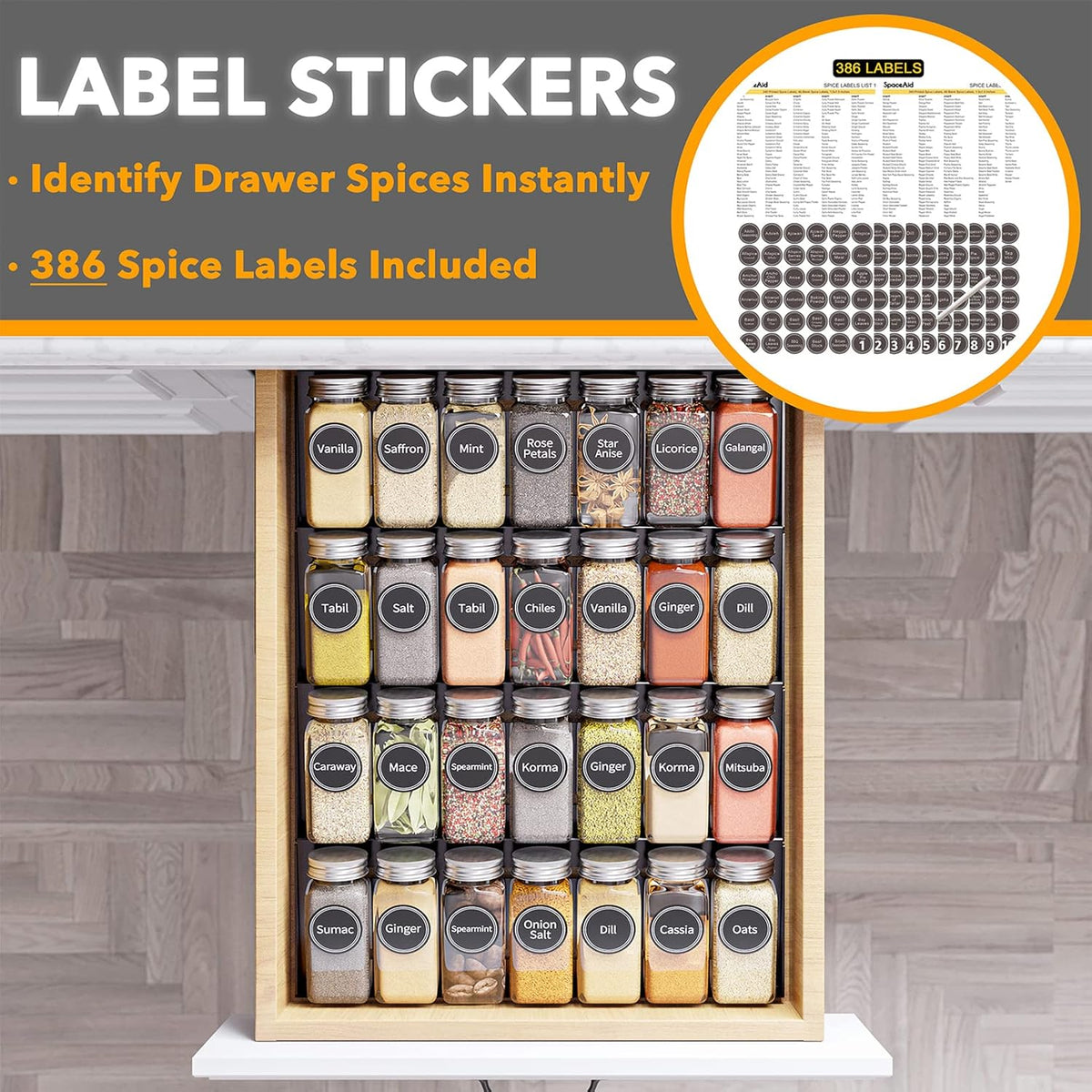SpaceAid Spice Drawer Organizer with 28 Spice Jars, 386 Spice Labels, 4 Tier Seasoning Rack Tray Insert for Kitchen Drawers, 13" Wide x 17.5" Deep