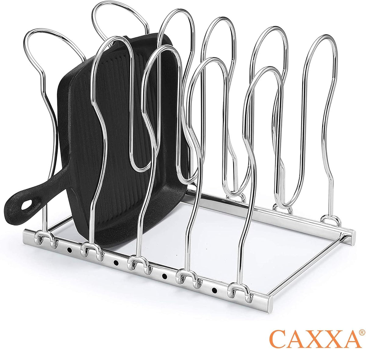 CAXXA Heavy Duty Pan Rack, Pot Lid Rack, Kitchen Cabinet Pantry Cookware Organizer Rack Holder with 5 Adjustable Dividers, Chrome