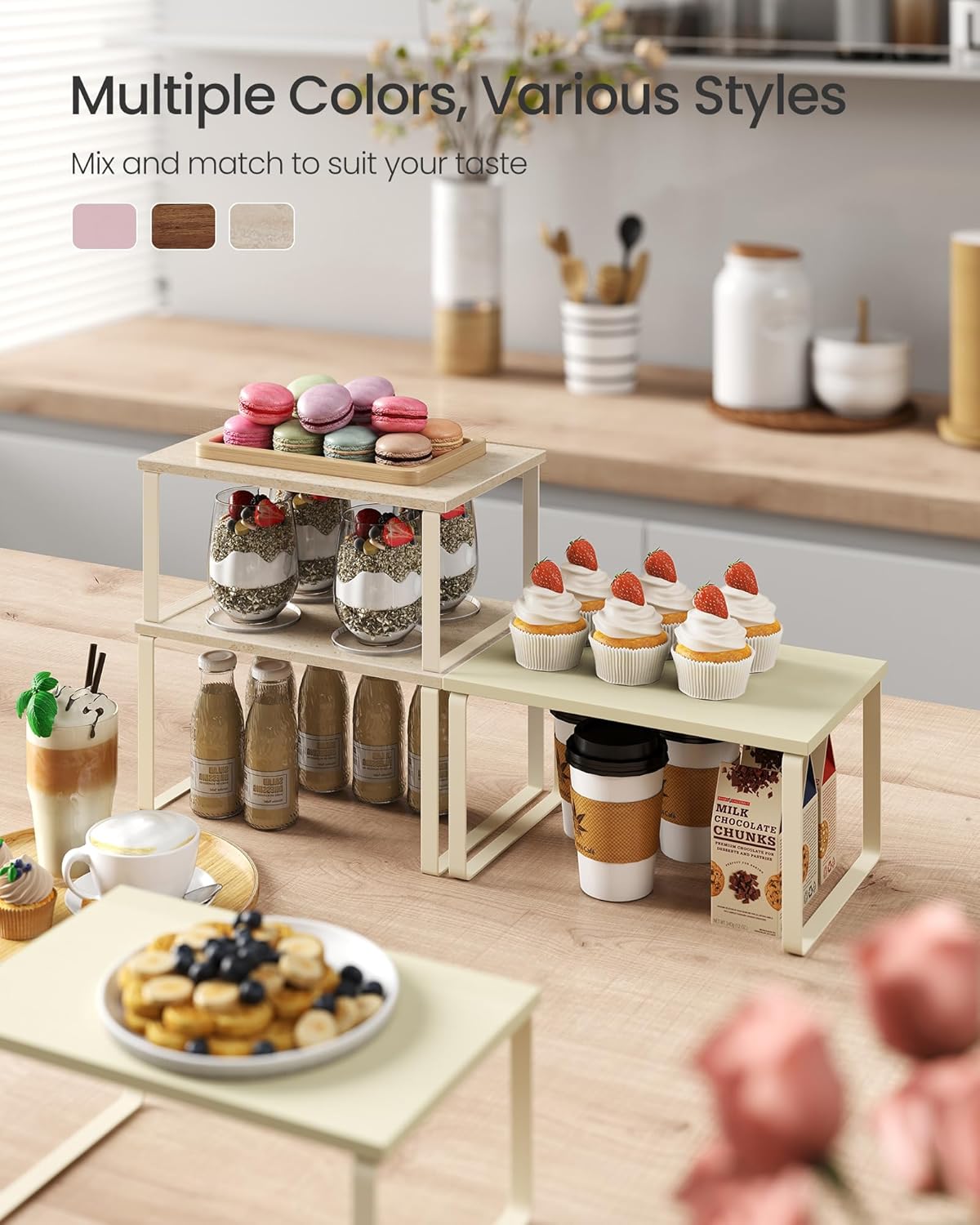 SONGMICS Cabinet Organizer Shelf, Set of 2 Kitchen Counter Shelves, Kitchen Storage, Spice Rack, Stackable, Expandable, Metal and Engineered Wood, Travertine Beige and Cream White UKCS020L01