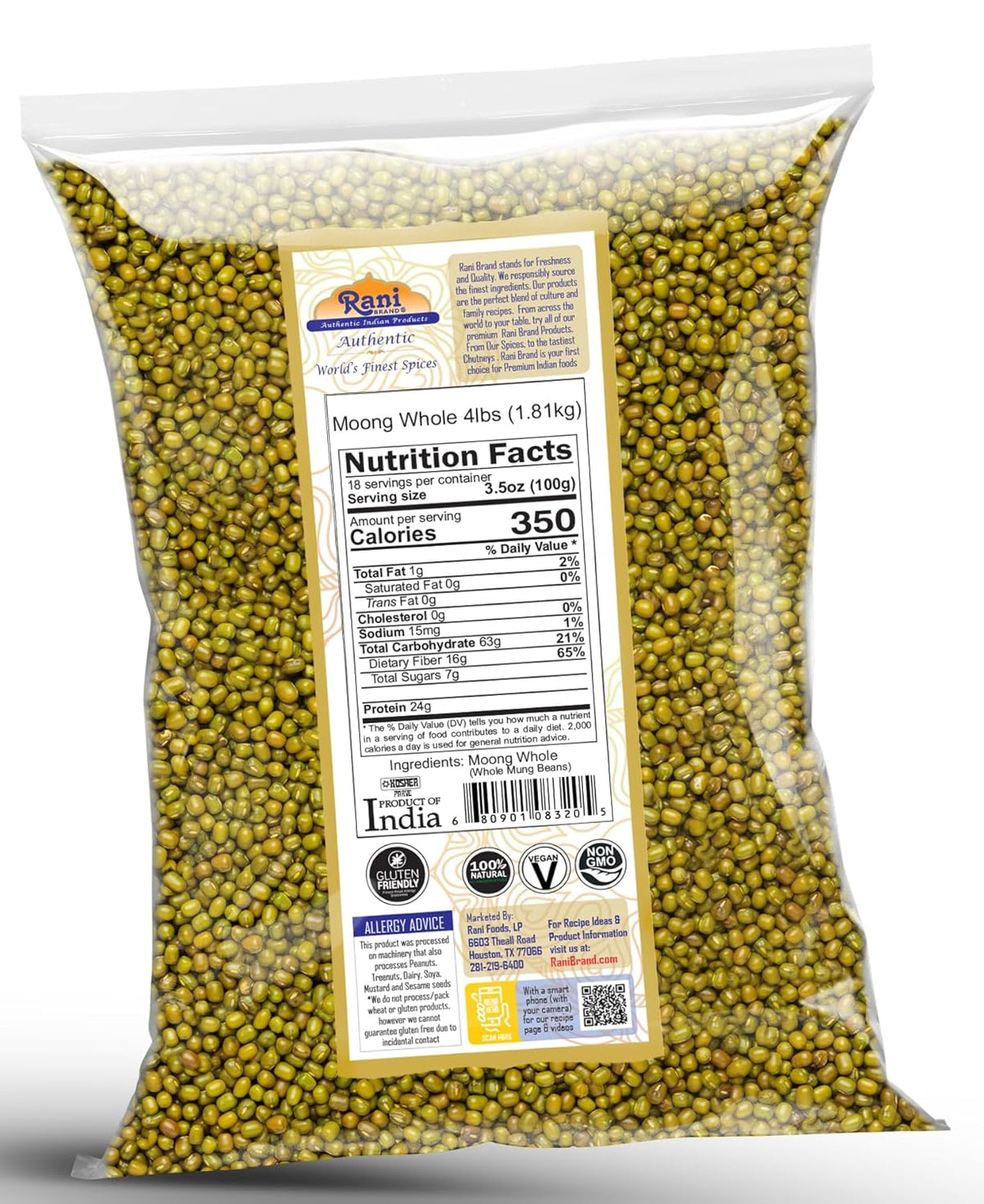Rani Moong Whole (Ideal for cooking & sprouting, Whole Mung Beans with skin) Lentils Indian 64oz (4lbs) 1.81kg Bulk ~ All Natural | Gluten Friendly | Non-GMO | Kosher | Vegan | Indian Origin