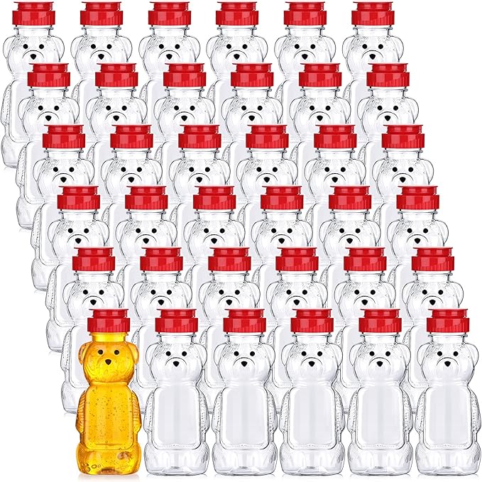 Thenshop 36 Pcs 8 oz Honey Jar Plastic Empty Bear Bottle Dispenser Clear Transparent Honey Containers Bear Cup Squeeze Bottle with Flip Top Lid for Storing Dispensing(Red Lid)