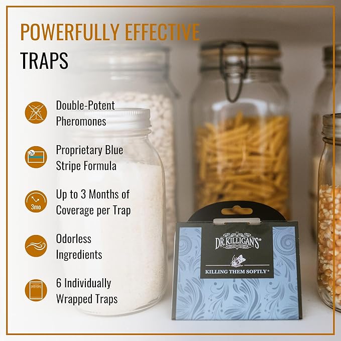 Dr. Killigan's Premium Double Potent Pantry Moth Traps with Pheromones Prime, Indian Meal Moth Traps for House, How to Get Rid of Moths in House (6 Count, Blue)