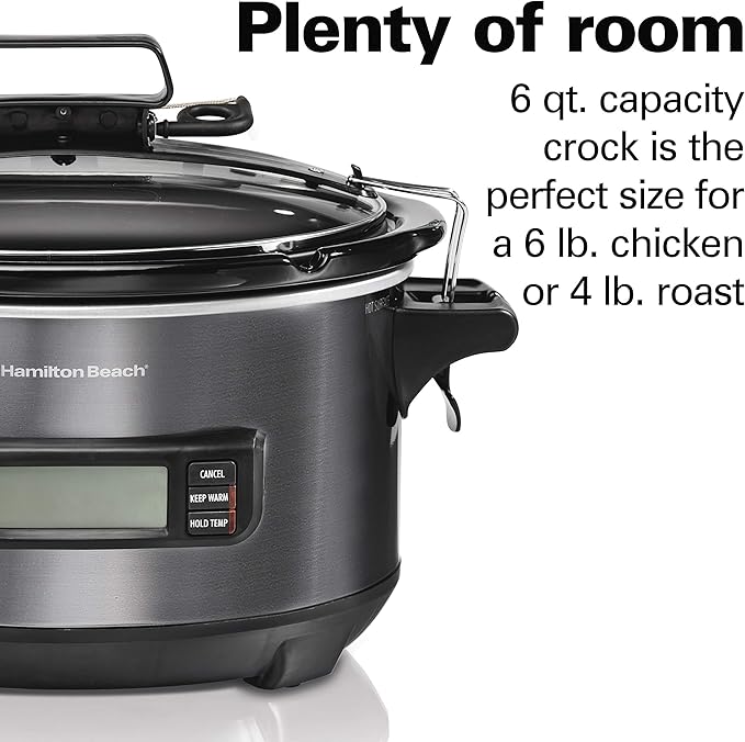Hamilton Beach Portable 6 Quart Set & Forget Digital Programmable Slow Cooker with Lid Lock, Temperature Probe, Dishwasher Safe Crock & Lid, Black Stainless (33866)