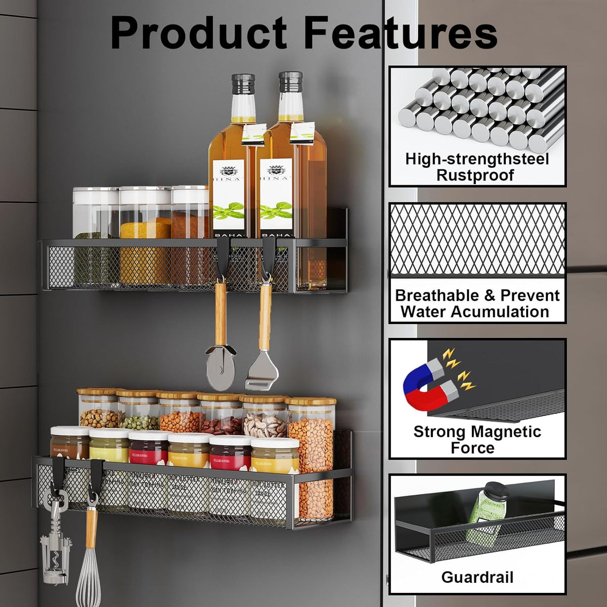 Magnetic Spice Rack for Refrigerator, 6 Pack Magnetic Shelf, Fridge Magnet Organizer with Moveable 12 Hooks, Magnetic Fridge Shelf for Kitchen Organization and Storage (6 Pack)