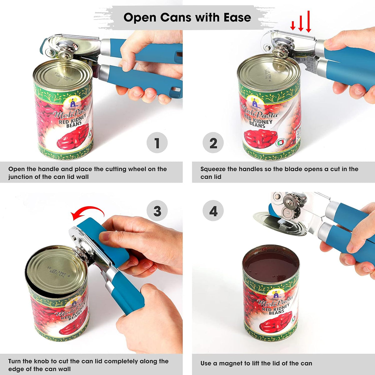 Beneno Can Opener Manual with Magnet, Hand Held Heavy Duty Can Opener with Durable Sharp Blade Smooth Edge, Big Effort-Saving Knob, Soft Grip Rubber Handle, Multifunctional Bottle Opener, Aqua
