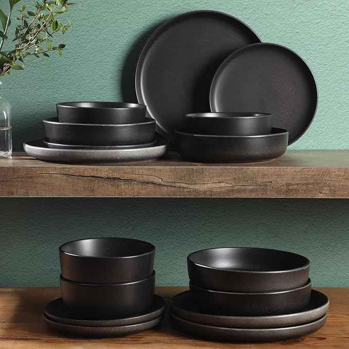 Gibson Elite Pasco 16 Piece (Service for 4) Plates and Bowls Double Bowl Reactive Glaze Dishes Stoneware Ceramic Dinnerware Set - Black