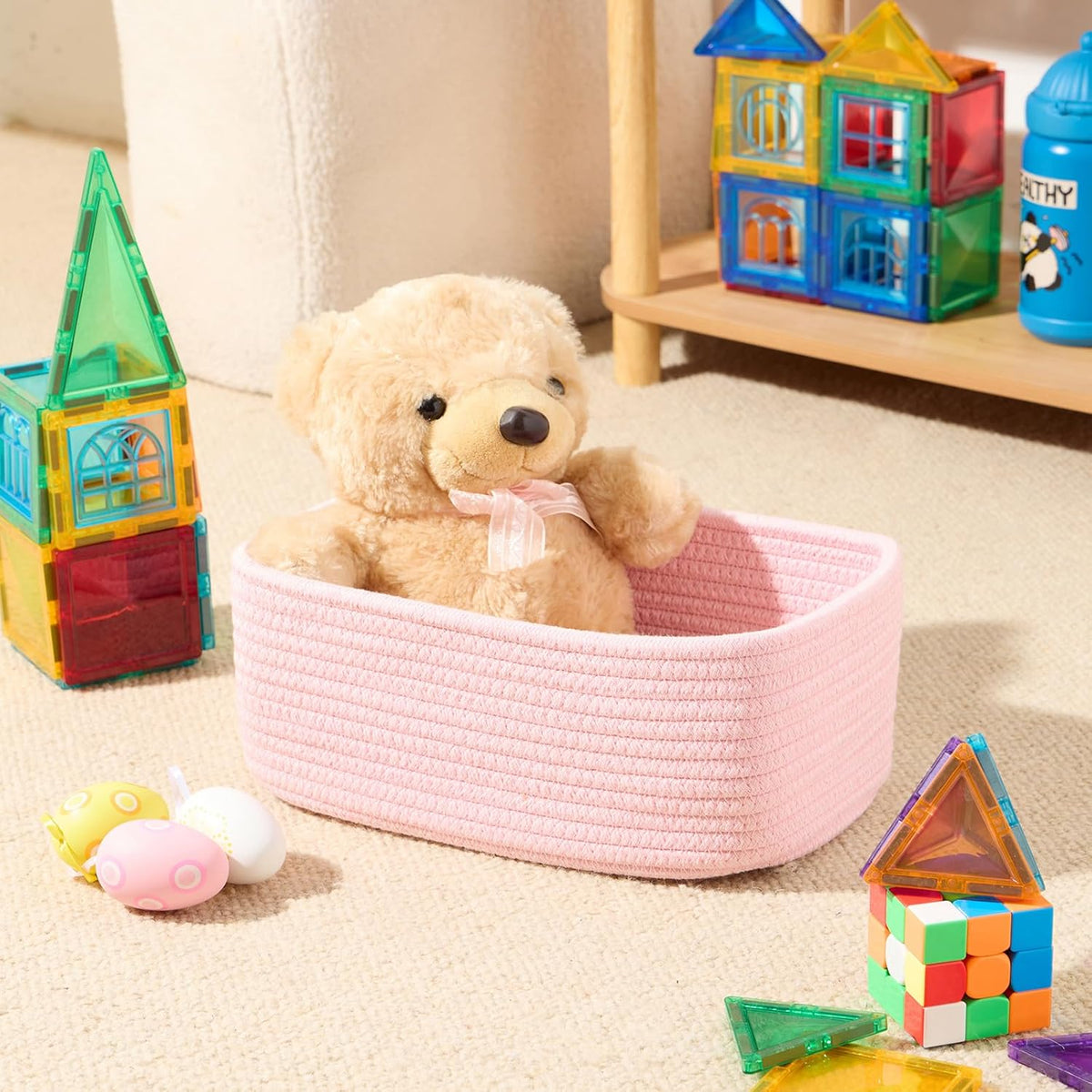 Small Storage Baskets for Organizing | Closet Organizer Bins | Shelf Toy Basket | Woven Rope Baskets | Cube Decorative Box | Shallow Basket | 11.5x7.5x4.7” | 4 Packs Light Pink