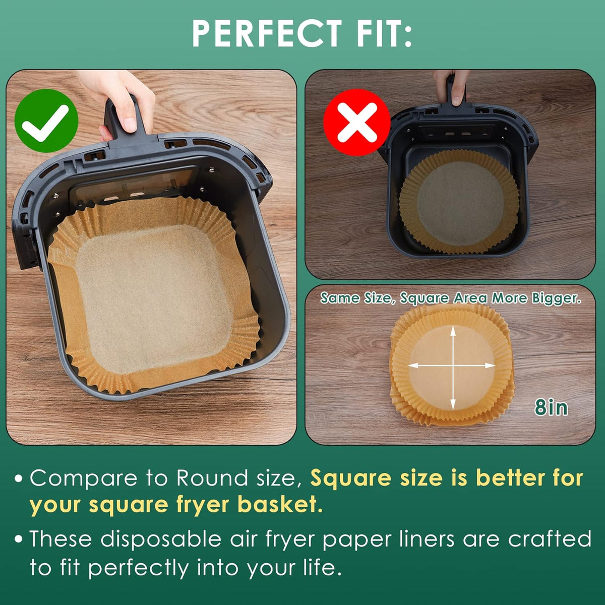 Air Fryer Paper Liners, 125Pcs Parchment Paper, Air Fryer Liners Disposable for Microwave, Non-Stick Air Fryer Liner Square Free of Bleach (8IN)