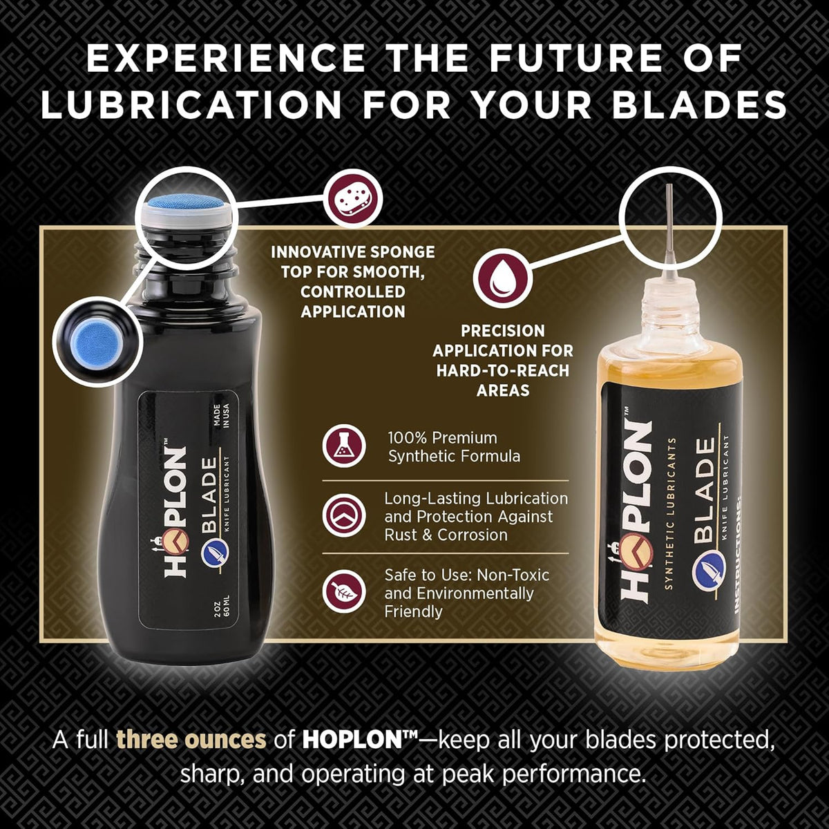 HOPLON Blade Premium Knife Care Kit – Folding Knives Open & Close Easily, Keep Blades Smooth & Rust-Free – Low-Odor Synthetic Oil with Needle, Dauber, Sharpener & Microfiber Towel in Zippered Case