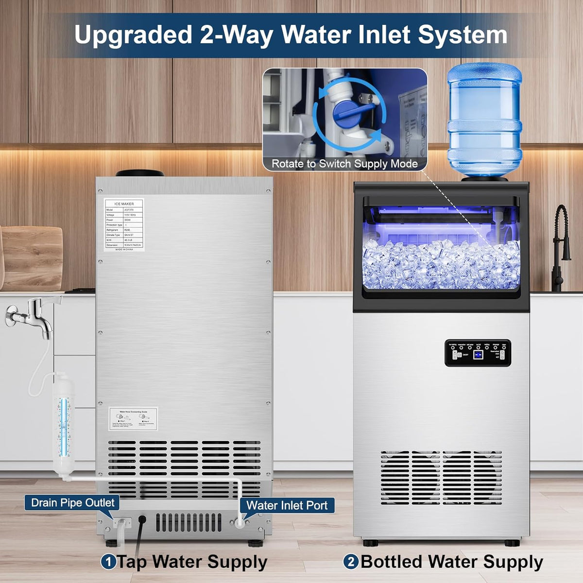 Commercial Ice Maker Machine 110Lbs/24H with 2 Water Inlet Modes, 36Pcs Ice Cubes in 8-15 Mins, Stainless Steel Under Counter/Freestanding Ice Machine with 25Lbs Storage Bin for Home/Shop/Office/Bar