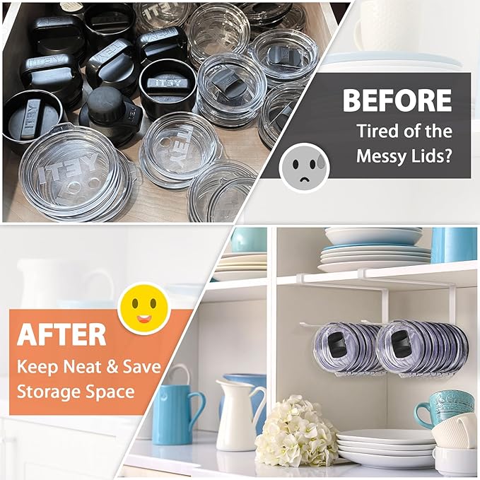 2 Pack Tumbler Lid Organizer, Horizontal Tumbler Lid Storage Hook to Hold Up 20 Lids, Space Saving Cup Lid Holders Under Cabinet Tumbler Lid Hook for Kitchen Organizer, Paper Towel Rack Hanger (White)