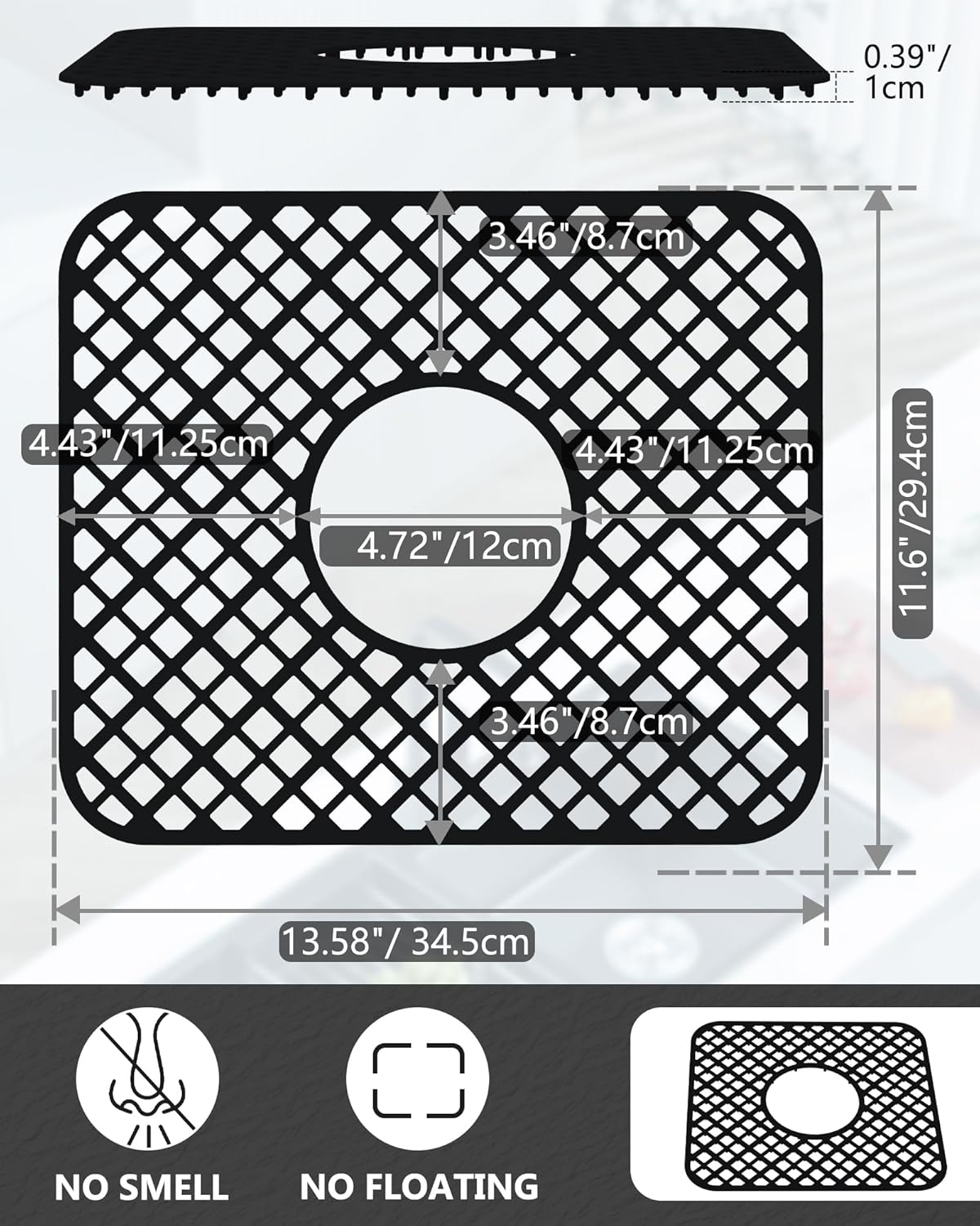 2 Pack Silicone Sink Protector for Kitchen Sink, Lozenge Pattern 13 x 11 inches Sink Grid Mat Silicone Protectors, Center Drain, Black