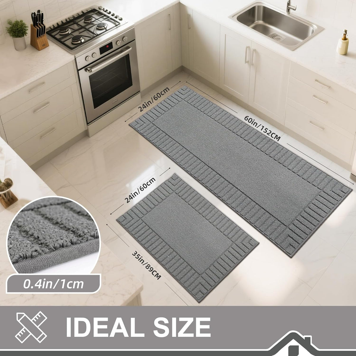 BEQHAUSE-Kitchen-Rugs-Washable-Kitchen-Mats-for-Floor Non-Slip Kitchen Mat Set of 2 Absorbent Kitchen Runner with TPR Non Skid Backing,Grey,24x35inch/24x60inch