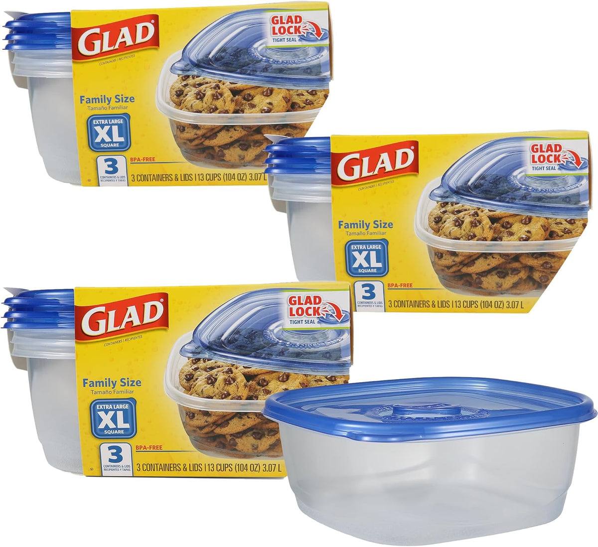 Glad GladWare Family Size Food Storage Containers, XL Square - Meal Container Holds up to 104 Ounces of Food - Lock Tight Seal, 3 Count - 3 Pack