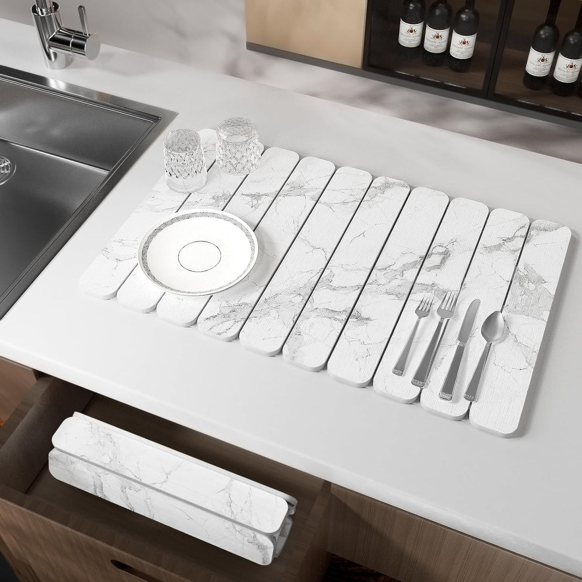 Stone Drying Mat for Kitchen Counter, White Fish Belly Stone Dish Drying Mat - Diatomite Water Absorbing Drying Stone for Kitchen Counter Mat, Quick Dry Stone Mat Kitchen for Cups Dishes Bottles.