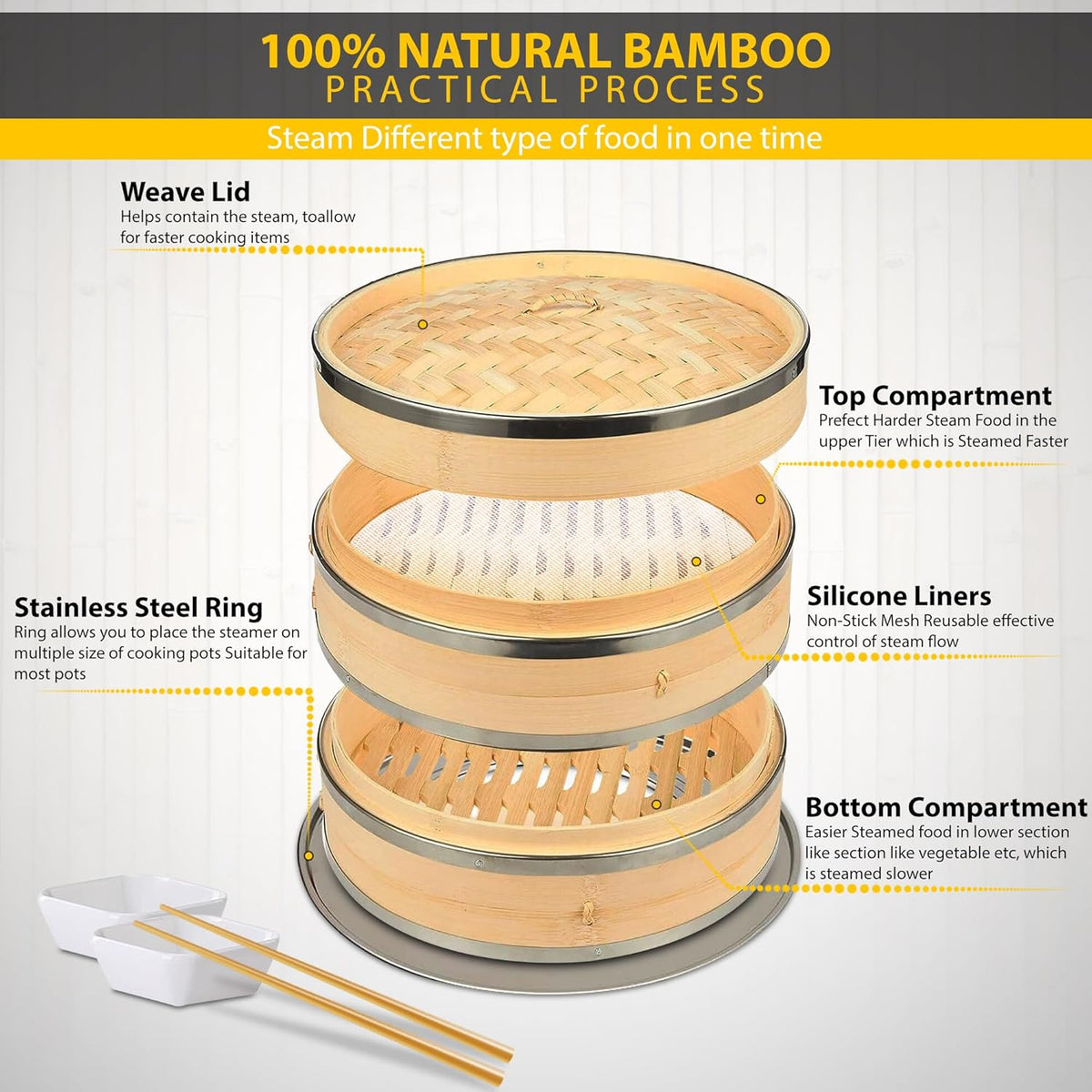 Bamboo Steamer Basket Set Chinese Cuisine 10-inch 2 Tiers Vegetable Steaming Basket for Cooking with Chopsticks, Sauce Dishes, and Reusable Liners - Dumpling Steamer Baskets