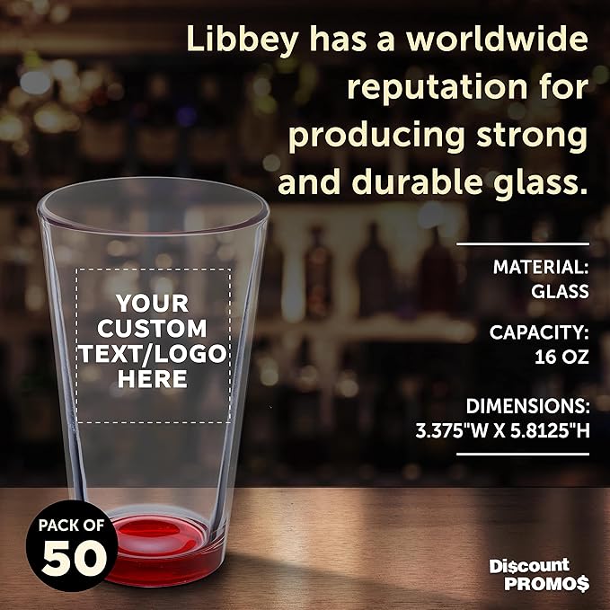 Custom Libbey Pint Glass 16 oz. Set of 50, Personalized Bulk Pack - Beer Glasses, Heavy Duty Drinkware - Red