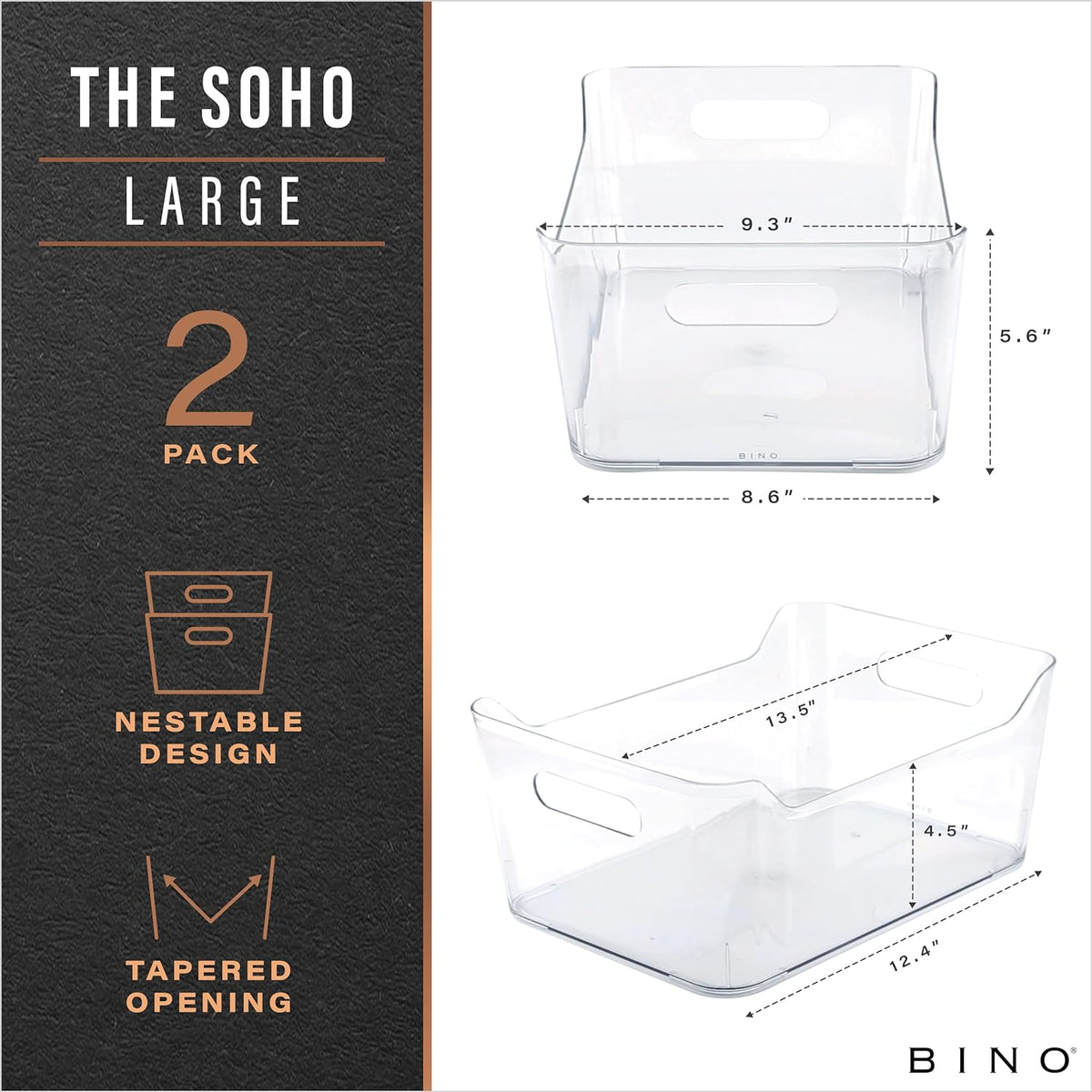 BINO | Plastic Storage Bins, Large - 2 Pack, Clear | THE SOHO COLLECTION | Pantry Organizers and Storage Containers | Fridge Organizer Bins | Kitchen Cabinet Organizer | Medicine Cabinet Bin