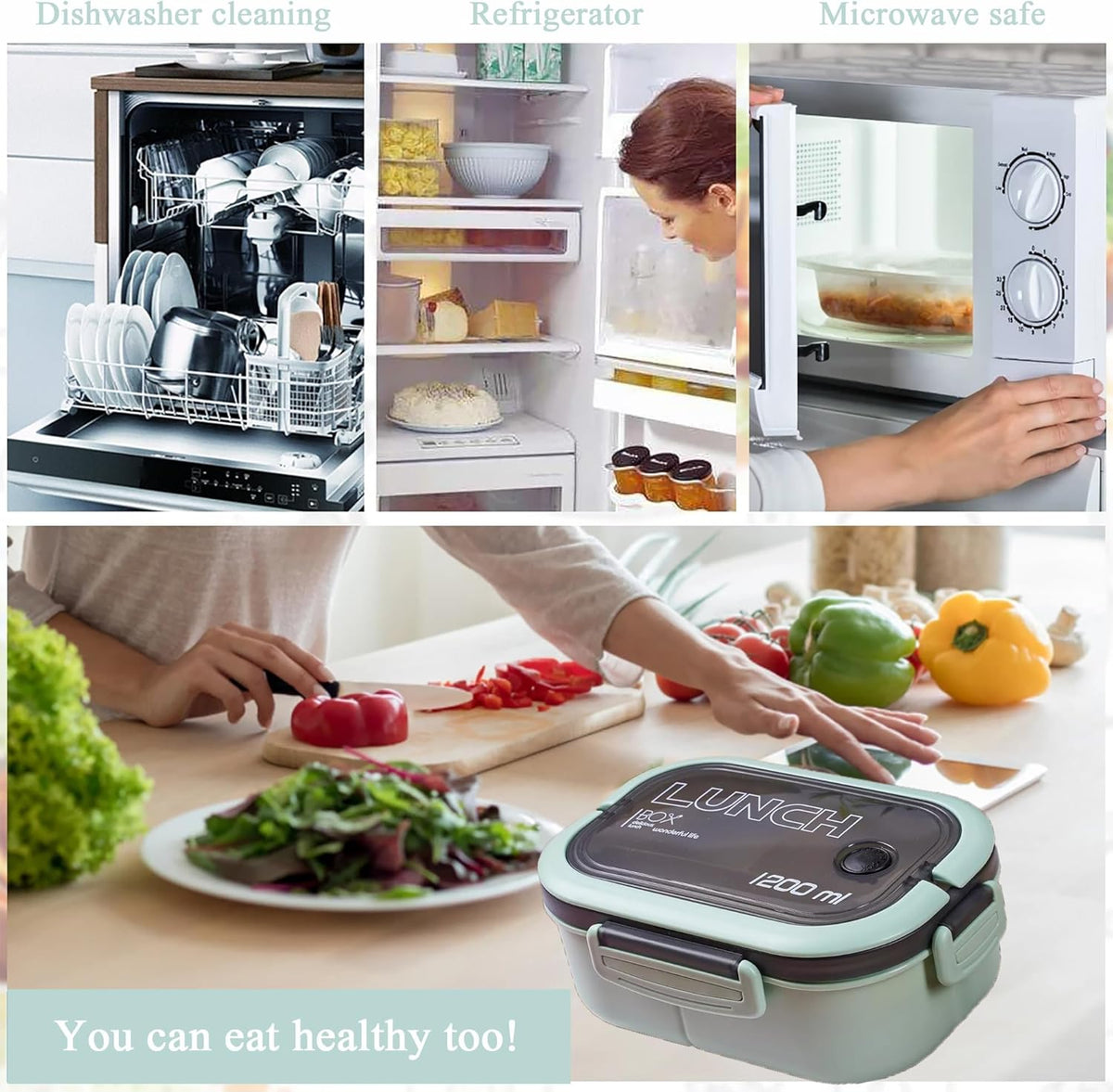 Bento Box Adult, Lunch Box for Men and Women, 1200ML Leak-proof Double-layered with Handle Lunchbox, Reusable BPA-Free Lunch Container, Microwave/Dishwasher Safe, Snack Box with Cutlery Set, Green