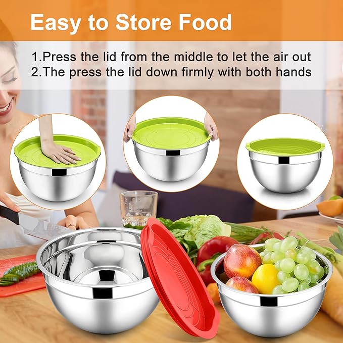 E-far Mixing Bowls with Lids, 6-Piece Stainless Steel Salad Bowls Metal Nesting Bowls for Baking Cooking and Prepping, Airtight Lids & Stackable Design, Size 4.5, 3, 1.5 QT (Colorful)