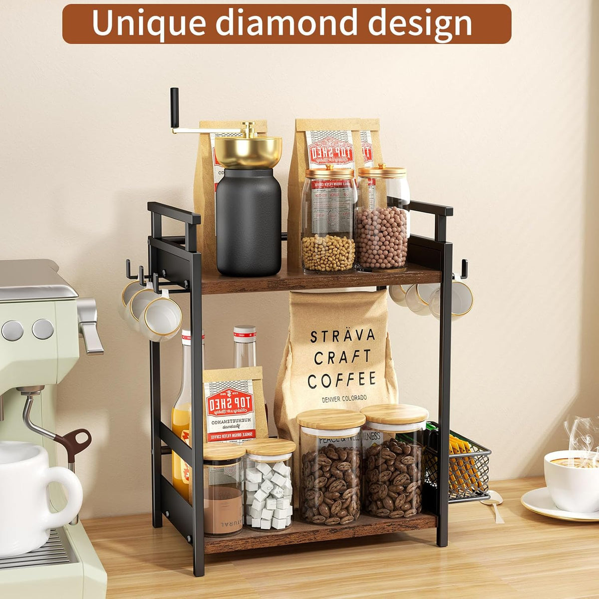KLM 2 Tier Coffee Bar Organizer for Home Office, Spice Rack for Countertop, Kitchen Counter Storage Shelf with Hanging Basket, Coffee and Tea Condiment Station Organizer
