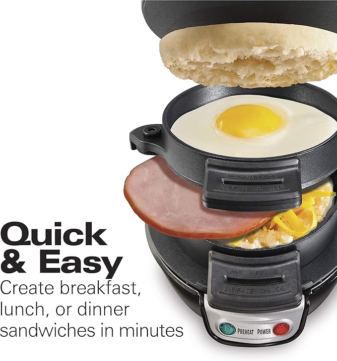 Hamilton Beach Breakfast Sandwich Maker with Egg Cooker Ring, Customize Ingredients, Perfect for English Muffins, Croissants, Mini Waffles, Perfect White Elephant Gifts, Black (25477)