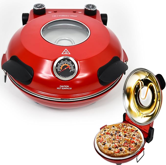 CULINARY CHEF Electric Pizza Oven with Ceramic Stone, Viewing Window, Adjustable Heat Control, Timer and 1200W Baking Power, DIY Homemade Pizzeria, Large 12” Pie Capacity (Red)