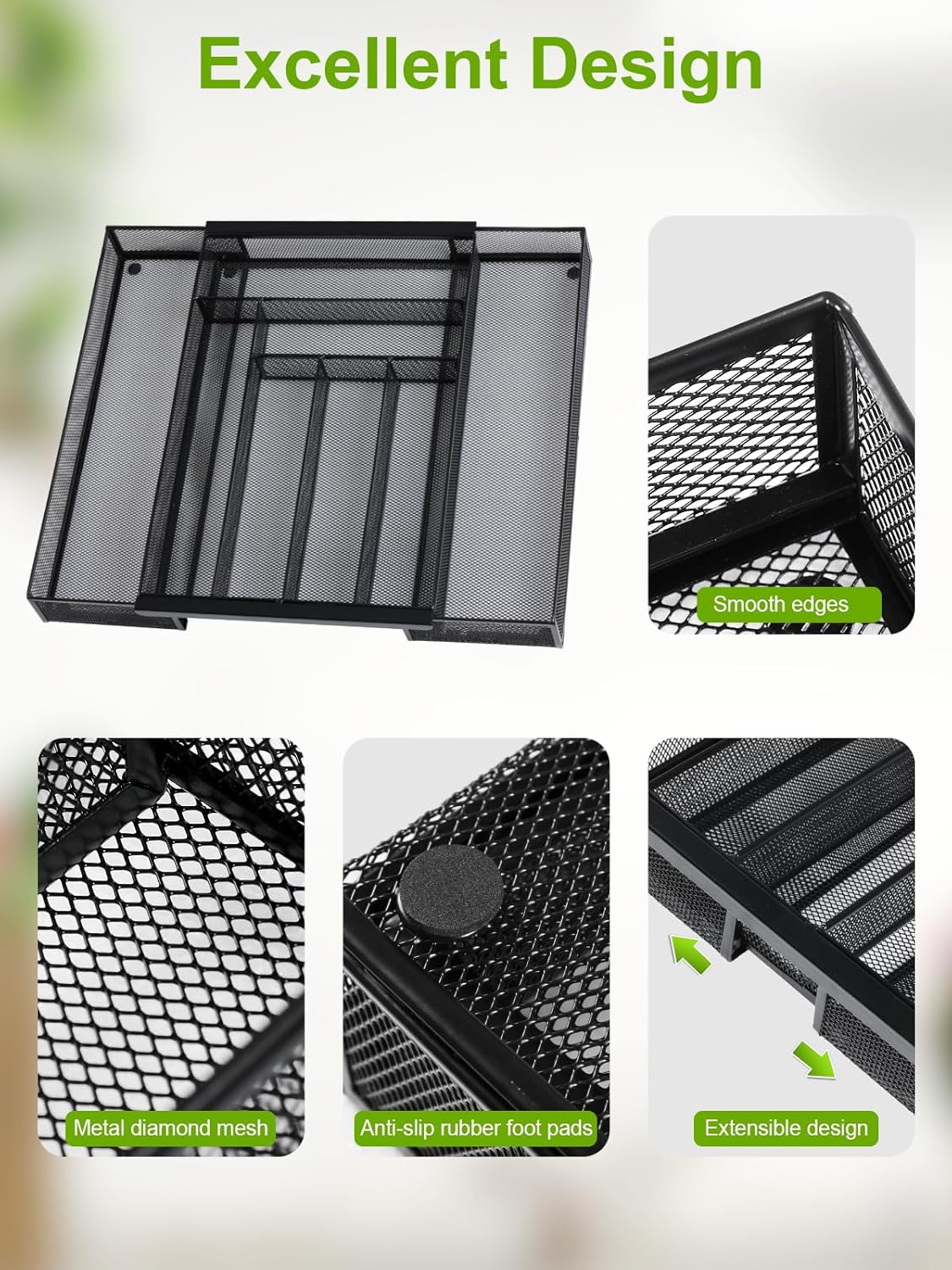 Silverware Organizer Metal Mesh, Large Drawer Organizer, Utensil Cutlery Tray for kitchen drawers, Expandable Flatware Organizer with 8 Compartment Black 11.6"~20" x 17.3"