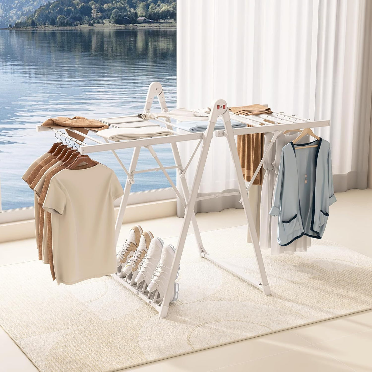 Electric Heating Clothes Drying Rack,Foldable Clothes Drying Rack,Suitable for Drying Clothes, Shoes and Socks.Plug & Play,White,Aluminum Alloy,One-Click Switch(39.37×52.56×25.98in)
