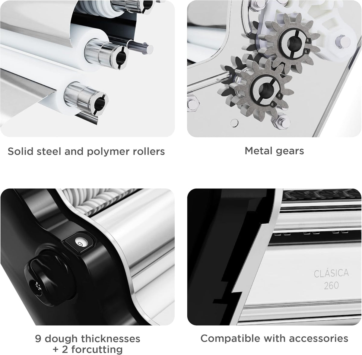 PASTALINDA Classic 260 Pasta Maker Machine, 26 cm Wide Rollers, 9 Thickness Positions, 2 Cutting Positions, Stainless Steel. Includes Reinforced Hand Crank And Two Clamps (Black)