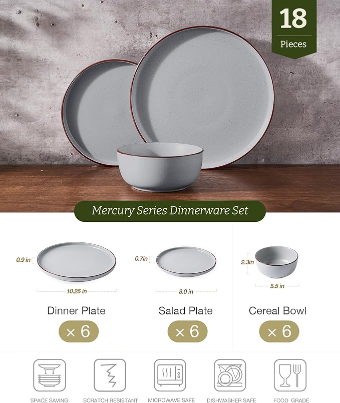 Famiware Mercury Plates and Bowls Sets, 18 Pieces Stoneware Dinnerware Sets, Dishes Set for 6, Microwave and Dishwasher Safe, Light Grey