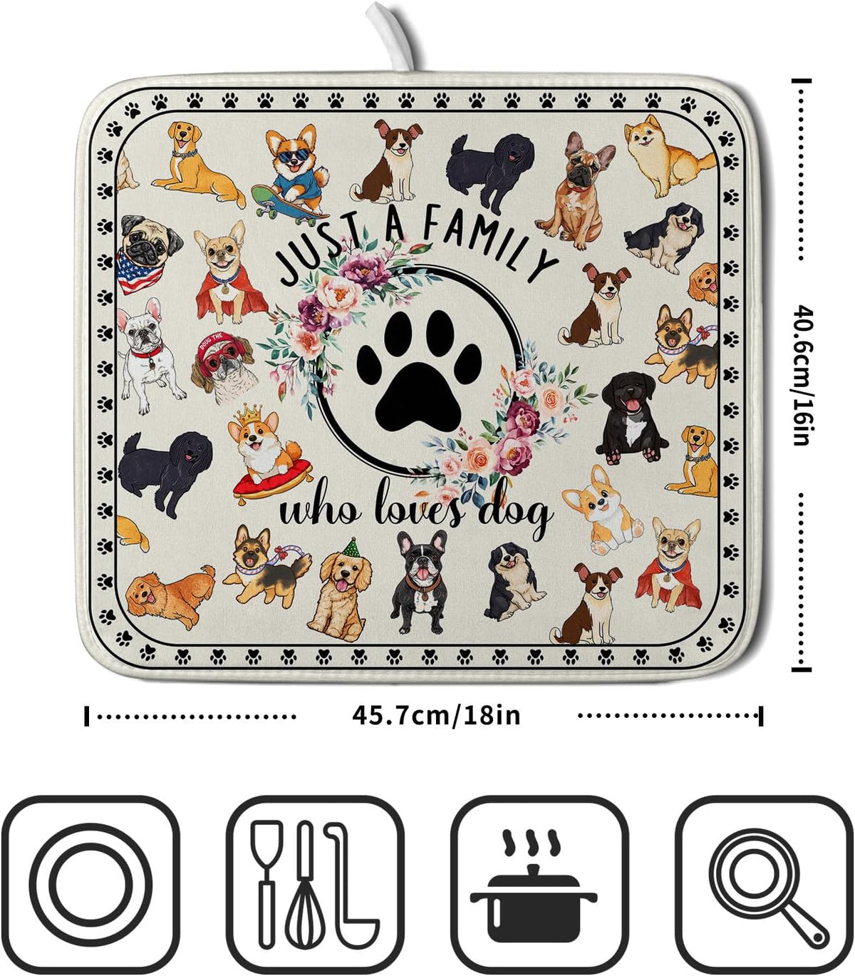 Lovely Dogs Dish Drying Mat Absorbent Printed Drying Pad for Kitchen Counter