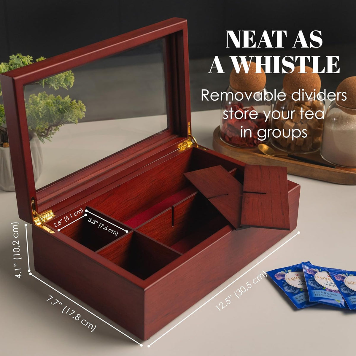 Tea Box - Luxury Wooden Tea Bag Organizer from The Apace Premier Collection - 8 Compartment Tea Storage Chest Container - Elegantly Handmade w/Scratch Resistant Window