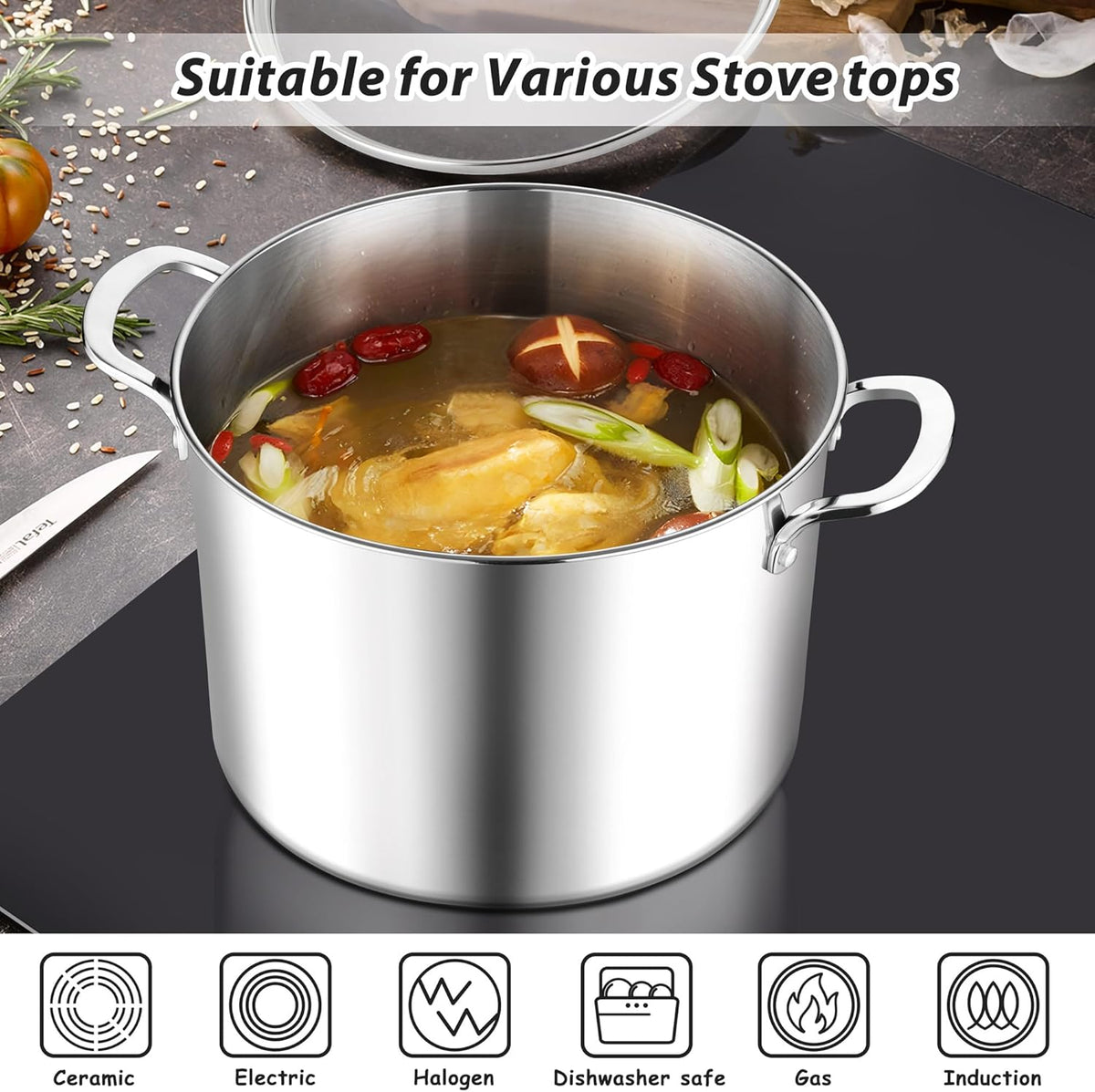 E-far 10 Quart Stock Pot, Large Tri-Ply Stainless Steel Soup Pot with Glass Lid and Riveted Handles, Tall Induction Cooking Pot for Canning/Simmering/Stewing, Heavy Duty & Dishwasher Safe