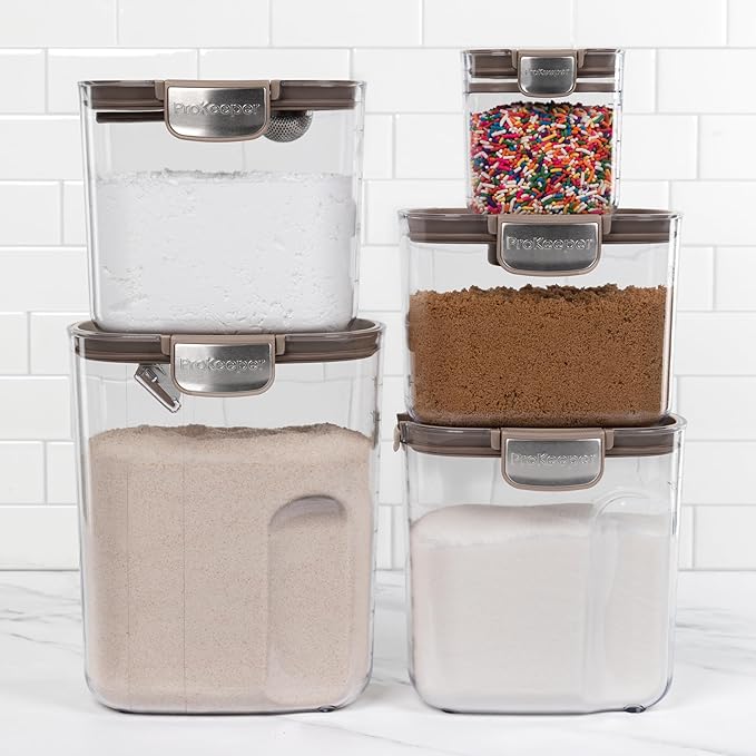 ProKeeper+ 9-Piece Airtight Food Storage Container Set – Clear Plastic Flour and Sugar Canister Set with Magnetic Accessories for Kitchen Organization (Taupe, 9-Piece)