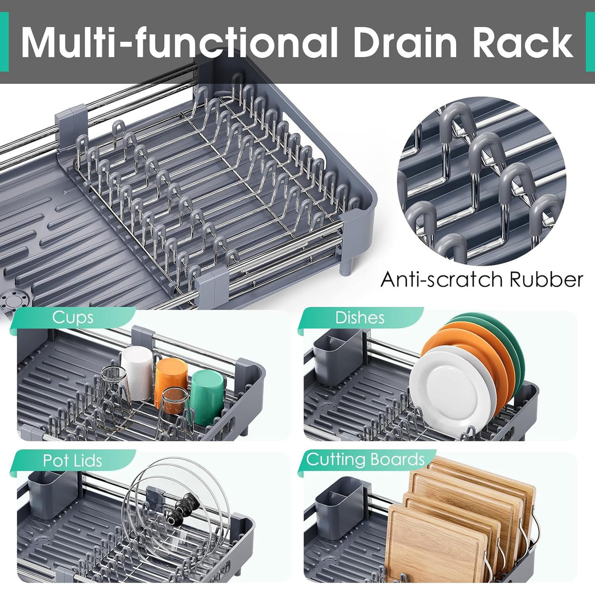 Dish Drying Rack for Kitchen Counter, Extendable Dish Rack with Drainboard, Expandable Dish Drainer, Collapsible Dish Strainer with Cutlery Holder, Foldable Home Countertop Plate Storage Rack, Gray