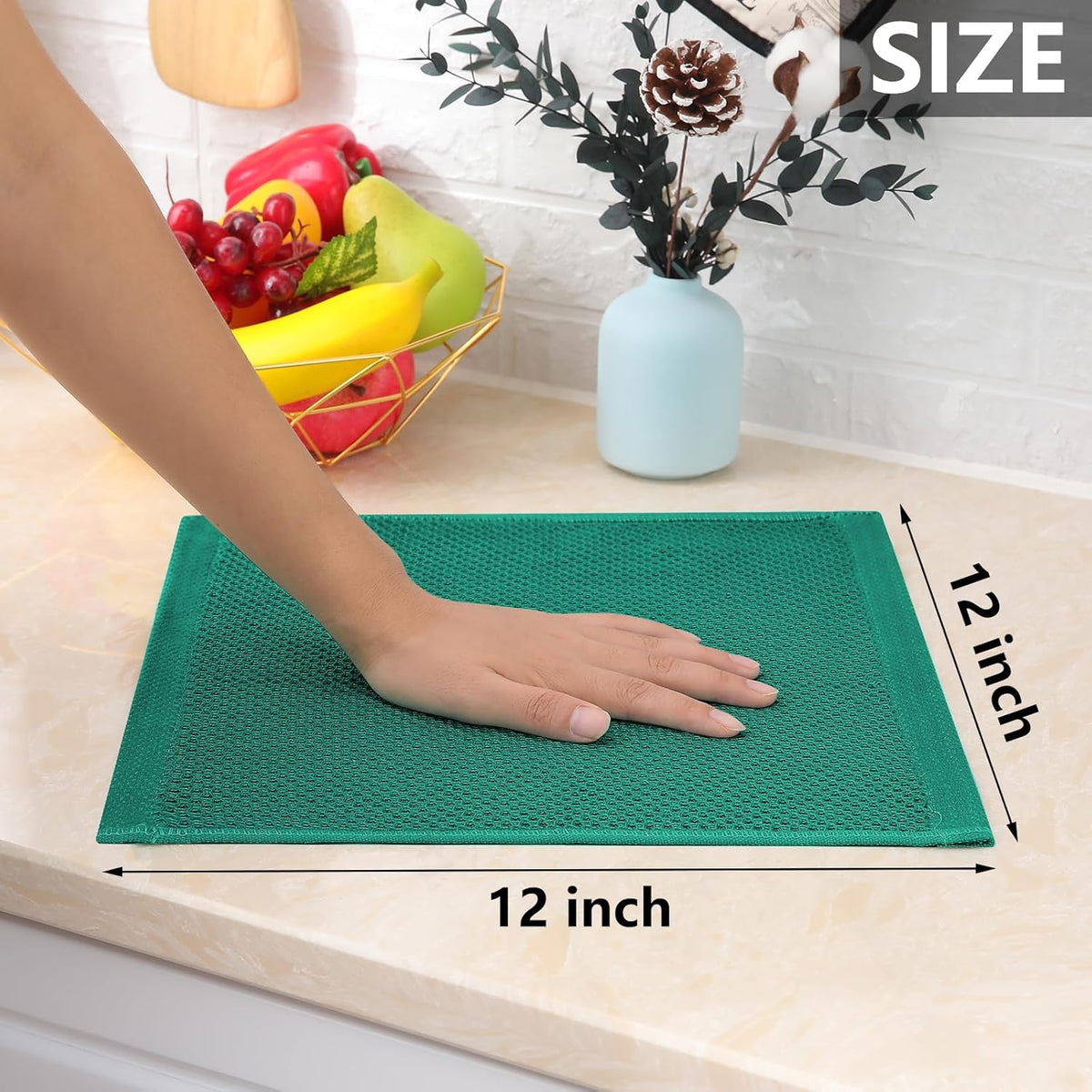 Homaxy 100% Cotton Waffle Weave Kitchen Dish Cloths, Ultra Soft Absorbent Quick Drying Dish Towels, 12 x 12 Inches, 8-Pack, Dark Green
