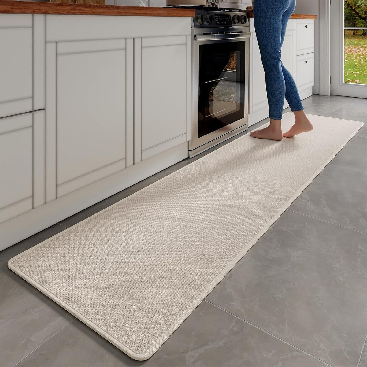 Kitchen Mats for Floor, Super Absorbent Kitchen Rugs Non Slip Washable, Soft Imitation Linen Braided Kitchen Runner Rug, Standing Mat Kitchens Sink Mat, Easy to Clean, Beige 17x95
