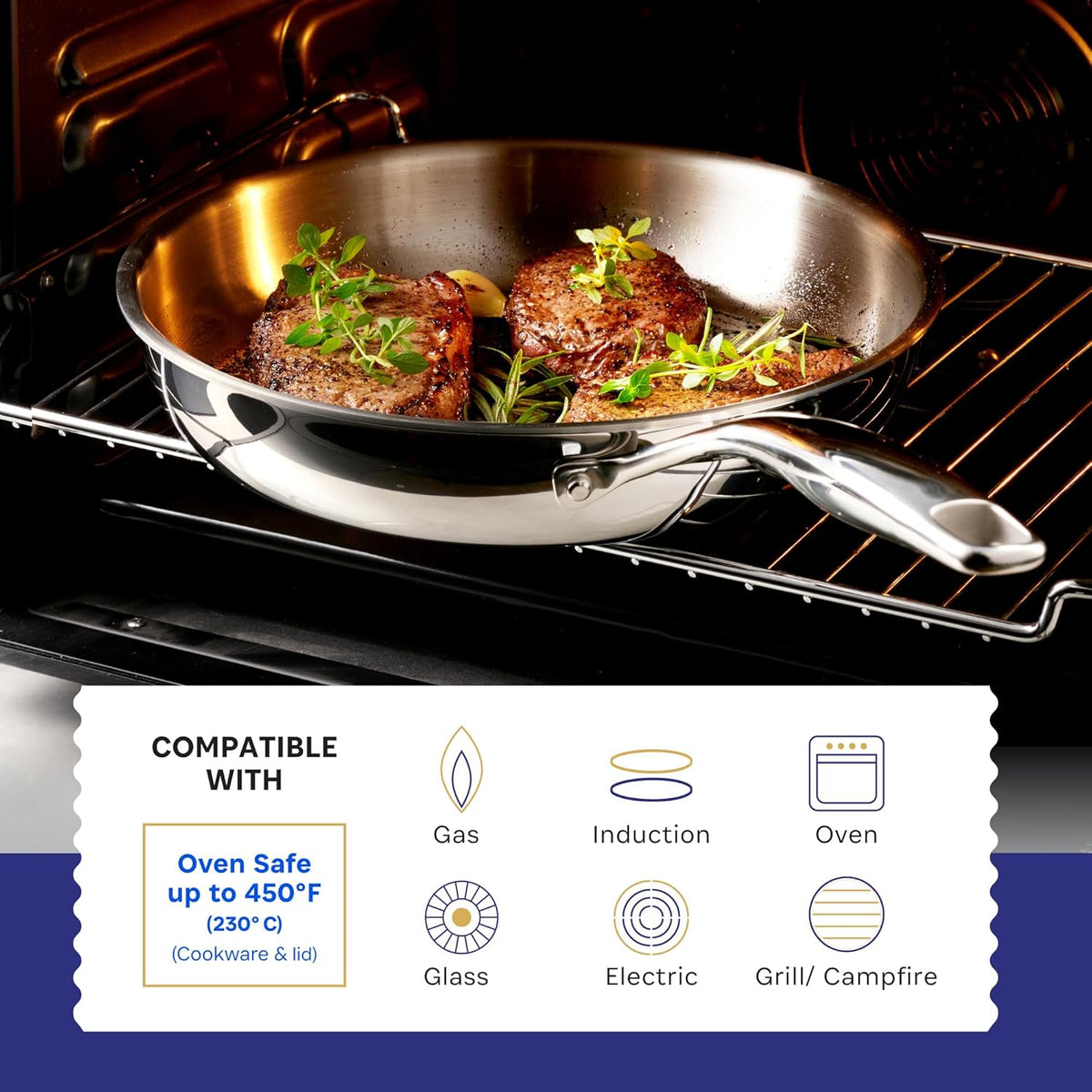 LEGEND COOKWARE 5-Ply, 12 Inch Stainless Steel Frying Pan With Lid | Induction Compatible, Non Toxic Frying Pan | Best Heavy Duty 18/8 Construction | Oven Safe Fast & Even Heat | PFOA PTFE PFOS Free