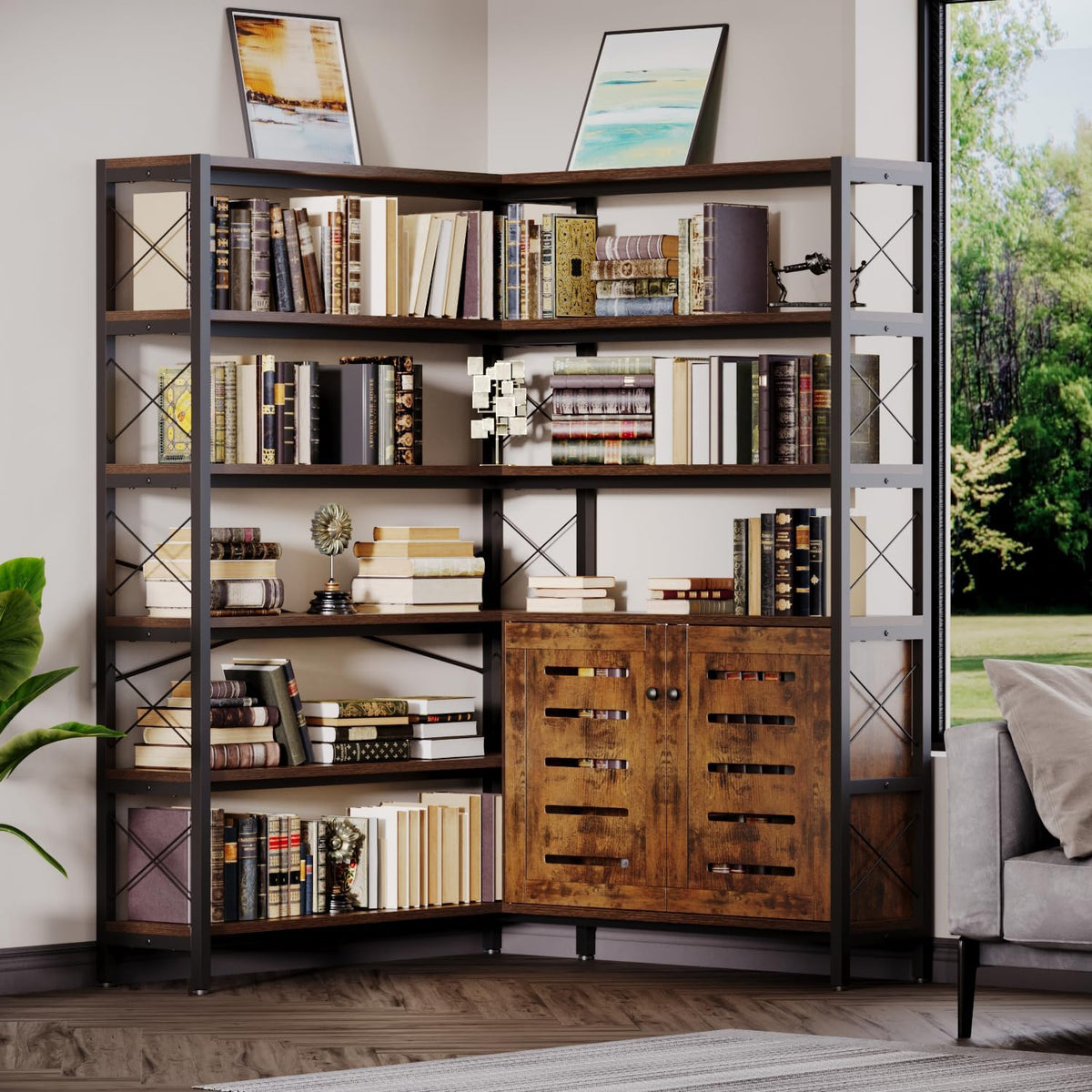 6-Shelf Corner Bookshelf, Vintage Industrial Corner Shelf Etagere Bookcase, Large Book Shelf with Metal Frame Open Storage Corner Cabinet (Brown-Lockers, Large)