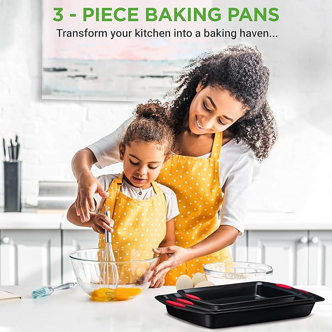 NutriChef 3-Piece Baking Pan Set - Premium Nonstick Carbon Steel Bakeware w/ Silicone Handles - Includes Large, Medium, & Small Pans for Baking & Roasting - PFOA, PFOS, PTFE Free - Black