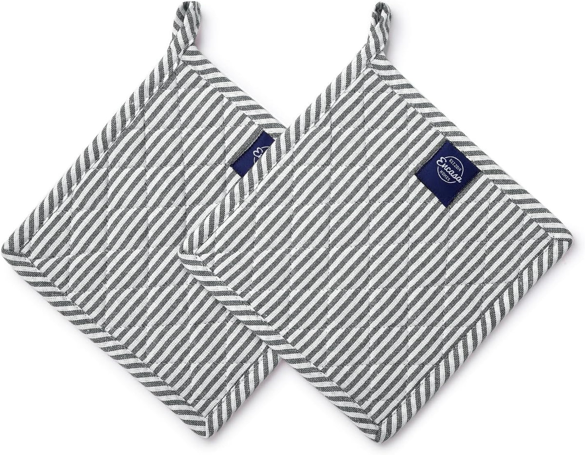 Encasa XO 8 inches Oven Microwave Potholders (2 pc Set) for Kitchen Cooking & Baking - Heat Resistant, Thick & Safe, Protection of Hands from Hot Utensils - Ticking Black