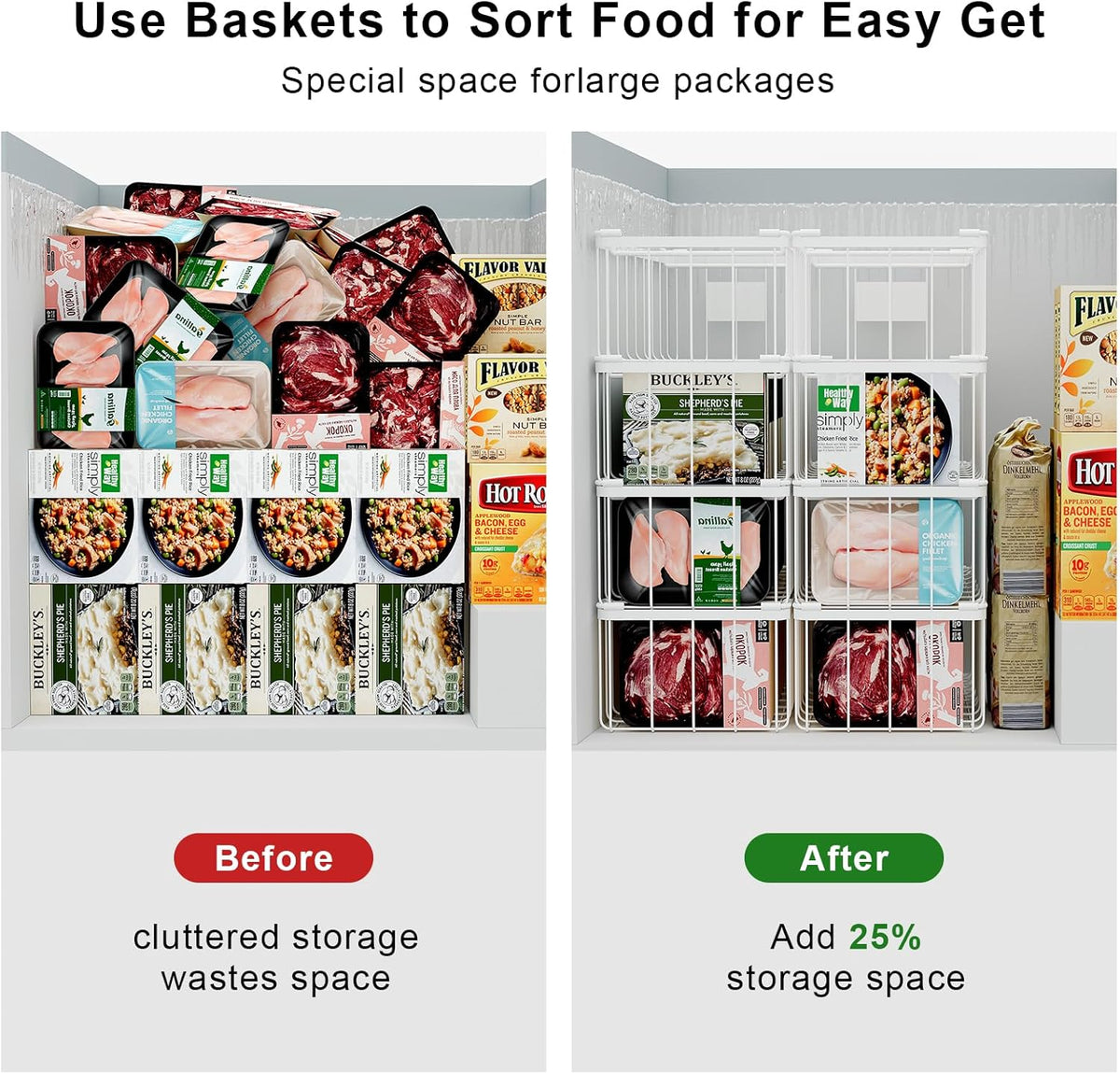 Freezer Storage Organize Baskets - 4 Pack Stackable Deep Freezer Organizer Bins for Most 7 Cu.FT Chest Freezer with Handles, Sturdy but Light, Metal Coated, Add Space, Easy to Reach