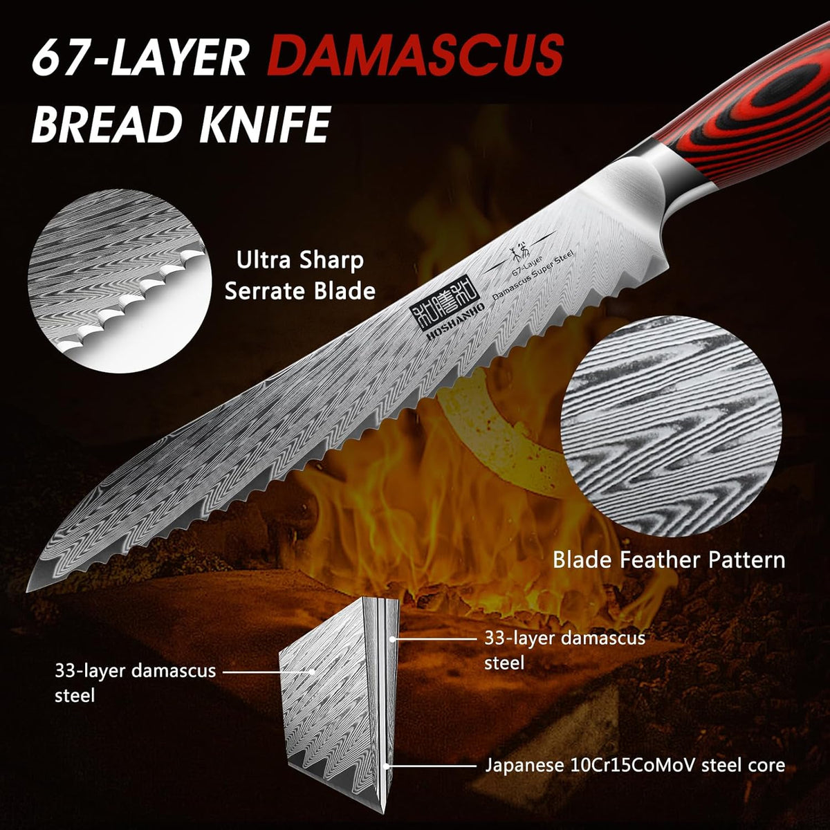 Bread Knife,8 Inch Serrated Bread Knife Ultra Sharp Damascus Steel Bread Kitchen Knife, Professional Bread Knife for Homemade Bread