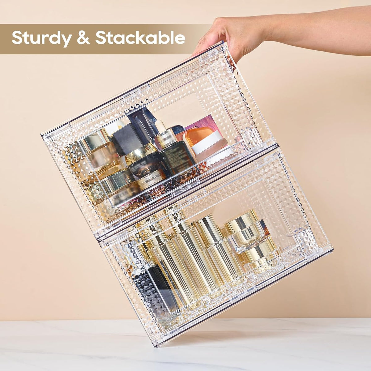 JollyPack 4 Pack Clear Stackable Storage Drawers, Easy to Assemble Multi-Use Bathroom Organizers and Storage, Suitable for Vanity, Bathroom, Makeup, Under Sink, Office, Kitchen and Pantry