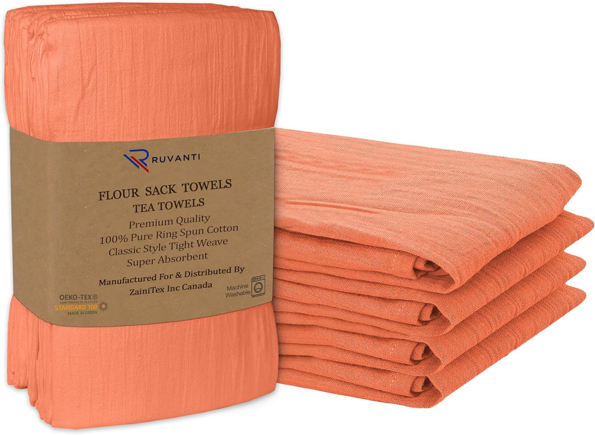 RUVANTI Flour Sack Towels 4 Pack 28x28 Inch, 100% Cotton Tea Towel, Reusable, Machine Washable, Absorbent BarTowels - Dish Cloth Perfect for Drying Dishes & Cleaning - Orange